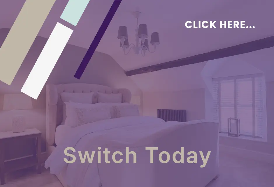 Bedroom with double bed, chandelier, and glass doors, overlaid with text "Click Here..." and "Switch Today"