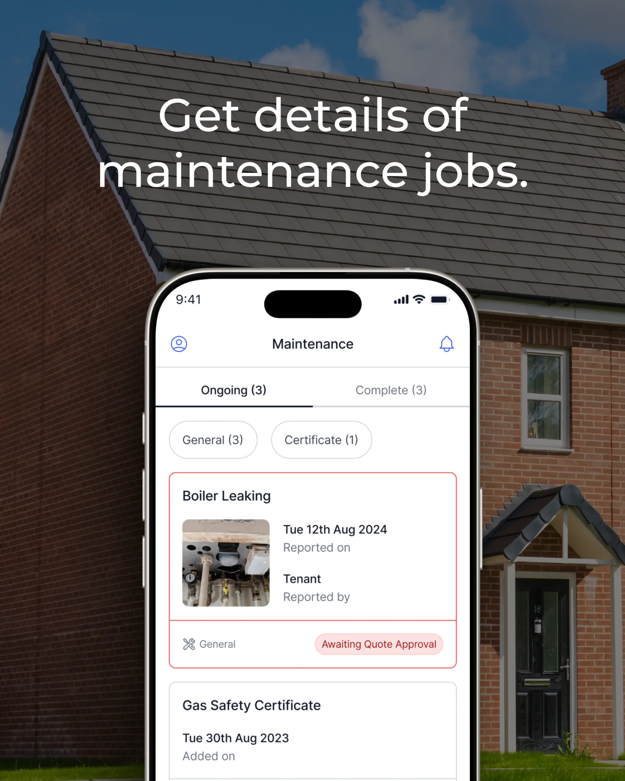 Smartphone displaying a maintenance jobs app showing ongoing tasks including "Boiler Leaking" reported on 12th Aug 2024, held in front of a brick house with slate roof