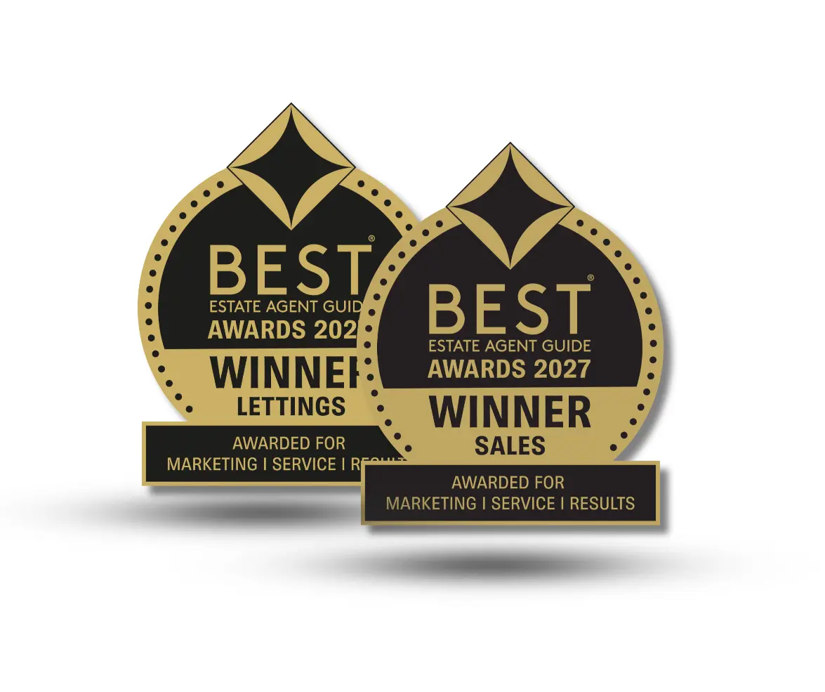 Two Best Estate Agent Guide Awards badges: 2022 Winner Lettings and 2027 Winner Sales, both awarded for Marketing, Service, Results