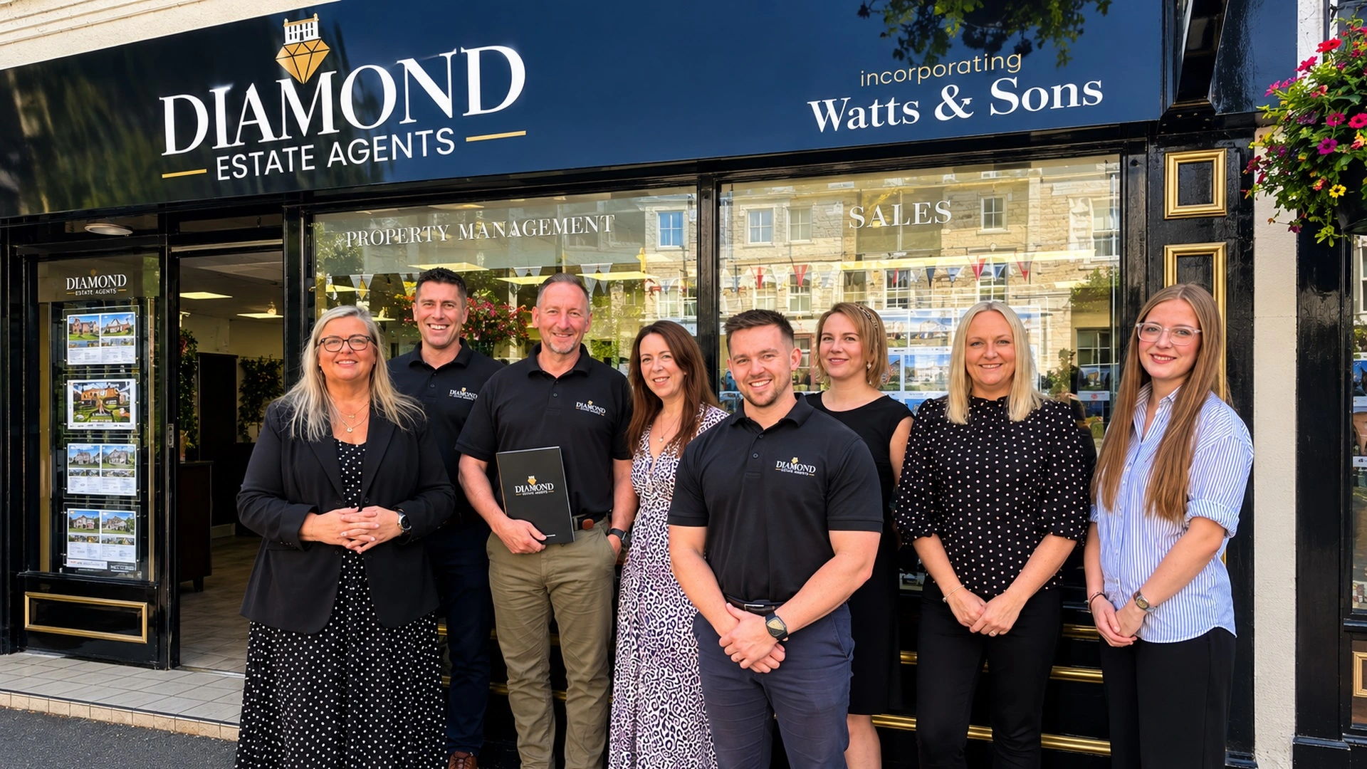 Nine people standing outside Diamond Estate Agents storefront, incorporating Watts & Sons