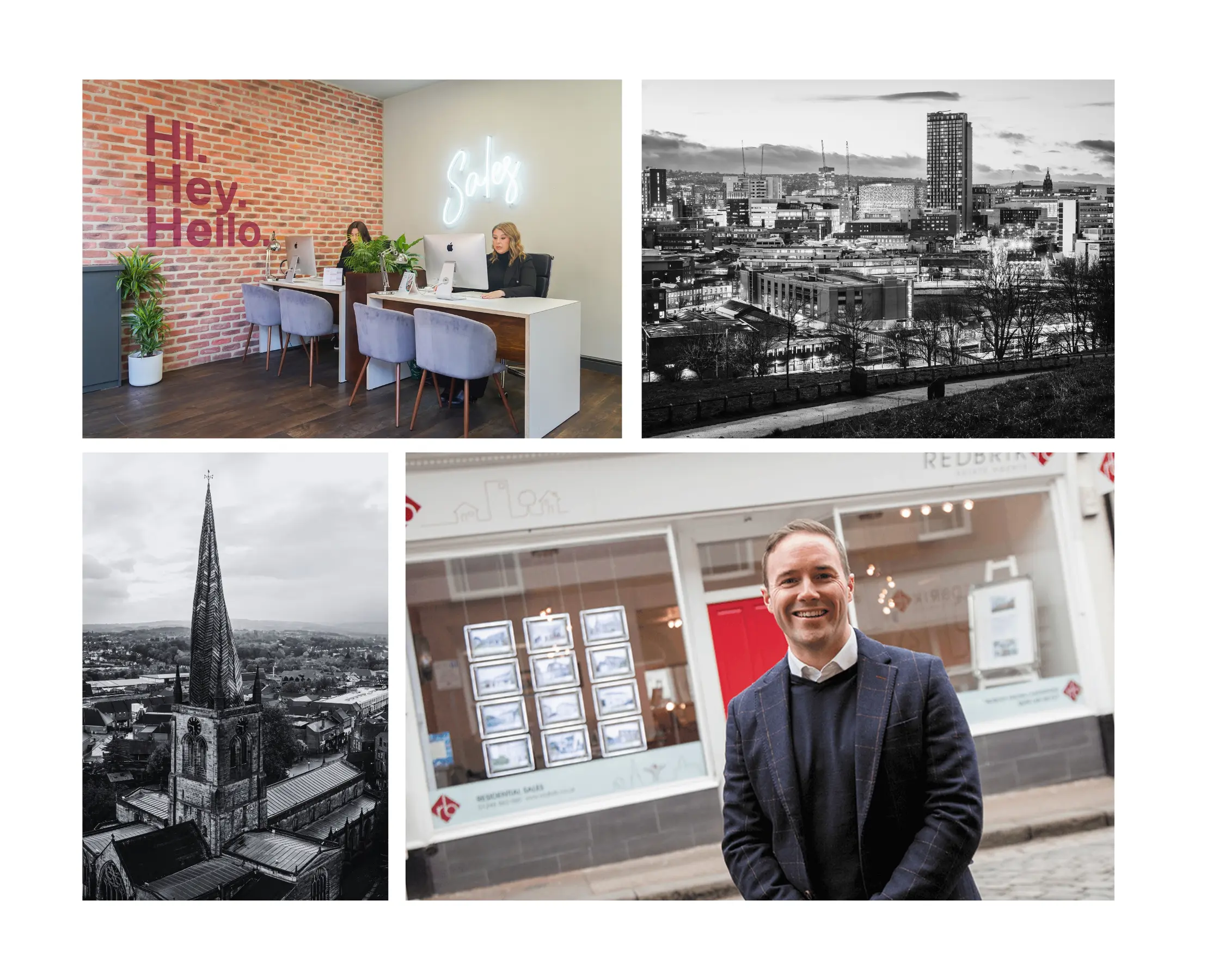 Four images: office reception area with red brick wall, neon "Salty" sign, and woman at desk; black and white cityscape with tall buildings; black and white aerial view of church spire; man in navy blazer standing outside estate agency storefront