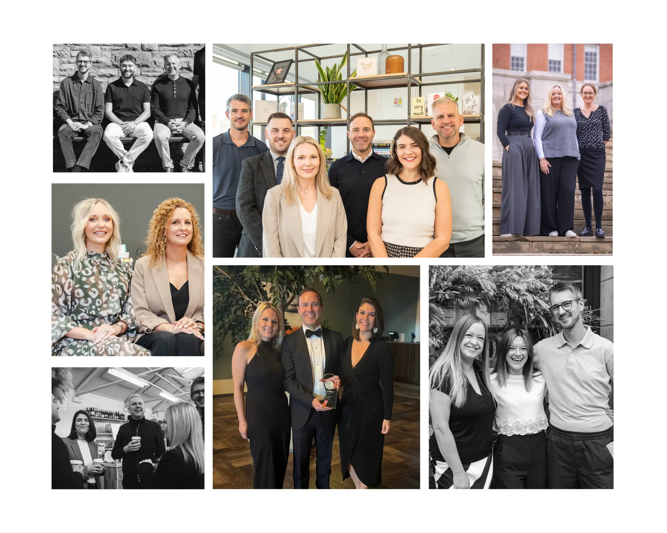 Collage of nine photographs showing groups of people in various settings, including office environments, formal events, and outdoor locations