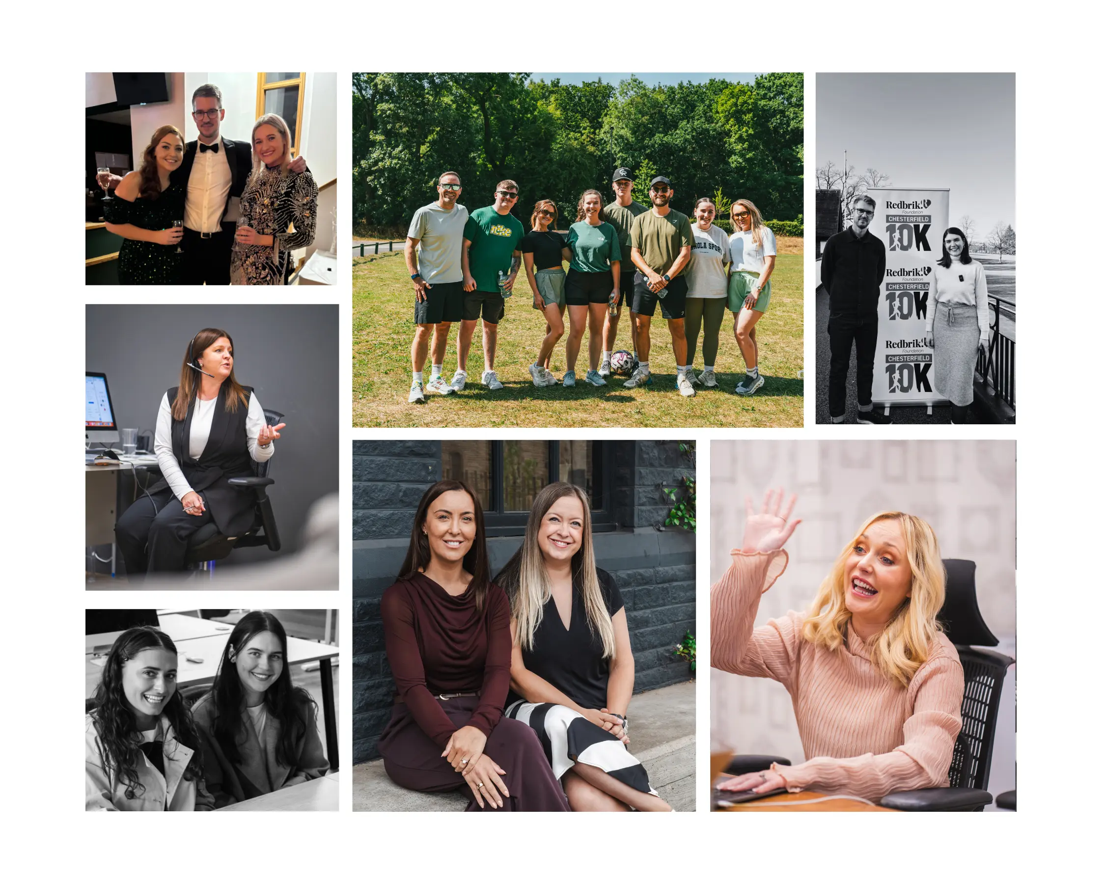Collage of nine photographs showing various people in office, outdoor, and casual settings