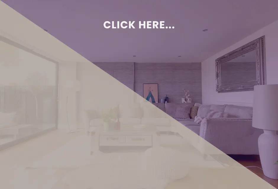 Interior of a bedroom with purple ceiling and walls, bed with pillows, framed artwork, mirror, and "CLICK HERE..." text overlay