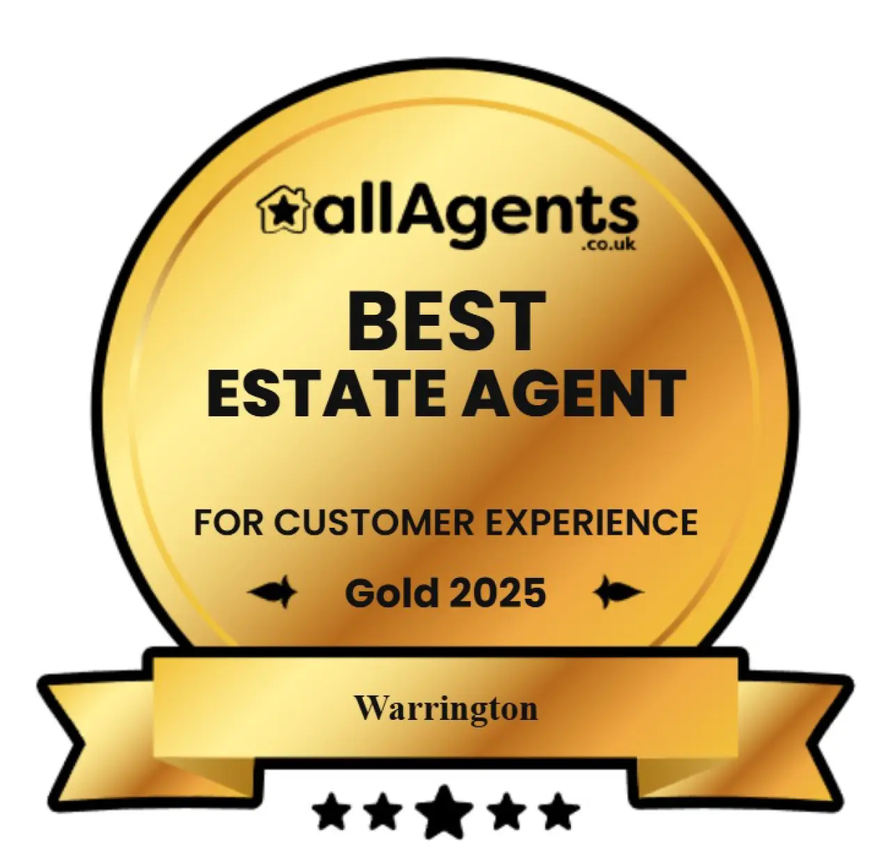allAgents.co.uk Best Agent award badge for Warrington, 2016-2021, five-star rating