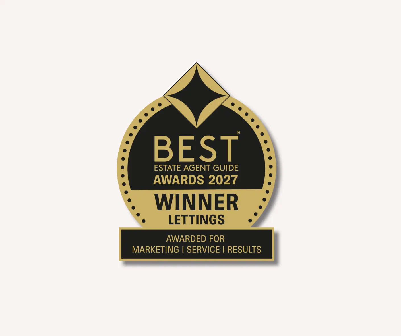 Best Estate Agent Guide Awards 2027 Winner badge for Lettings, awarded for Marketing, Service, Results