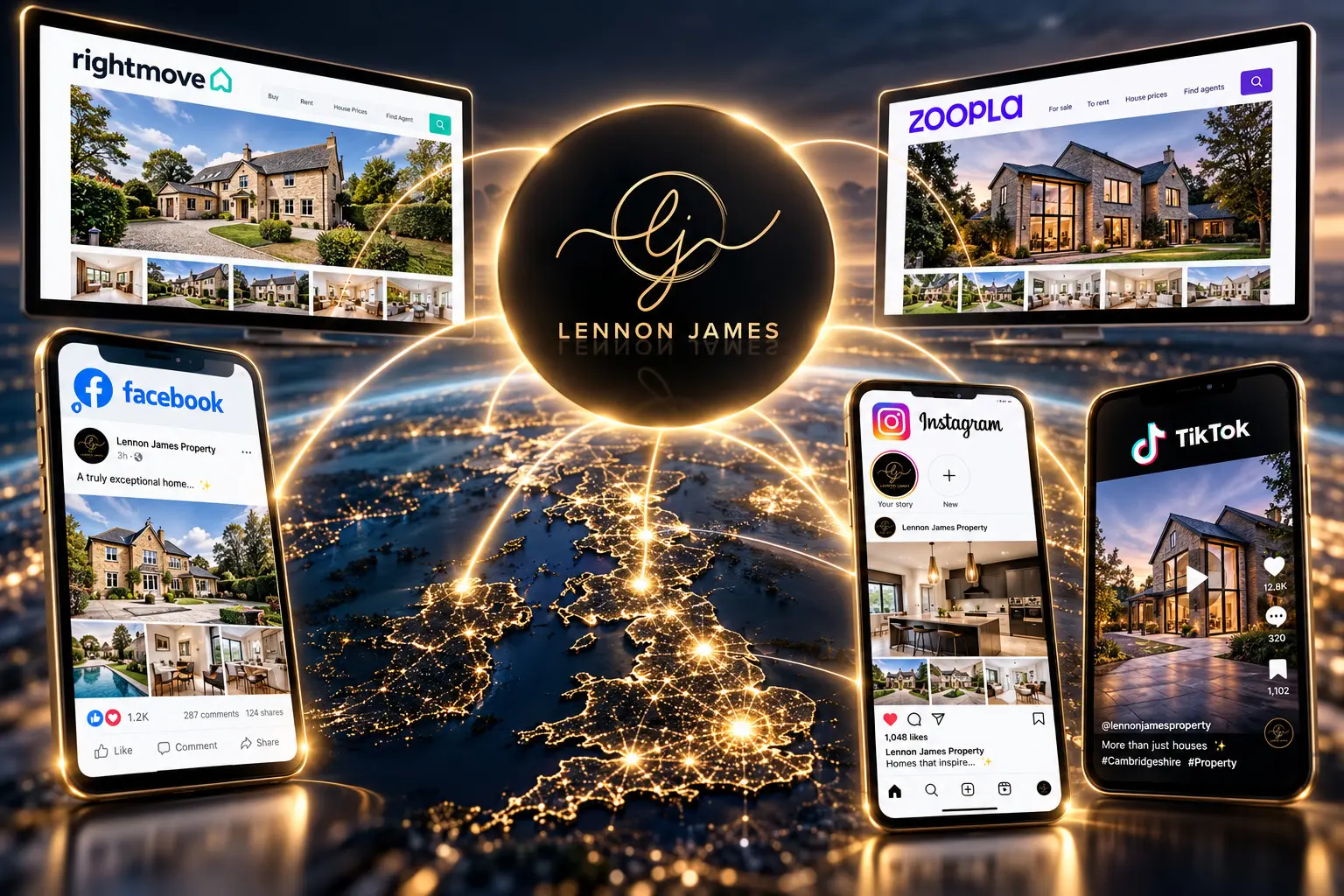 Lennon James Property branding displayed across multiple devices: desktop screens showing Rightmove and Zoopla listings, smartphone screens showing Facebook, Instagram and TikTok posts, all arranged around a central glowing logo on a nighttime map background