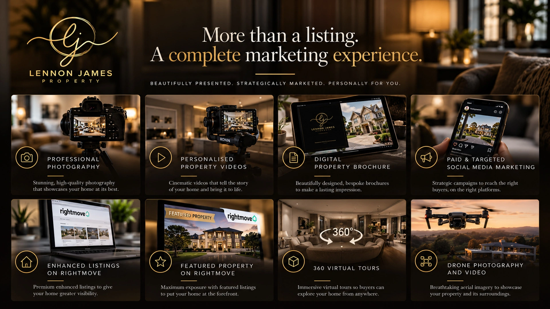 Lennon James Property marketing services grid: professional photography, personalised videos, digital brochures, social media marketing, Rightmove listings, 360 virtual tours, and drone photography