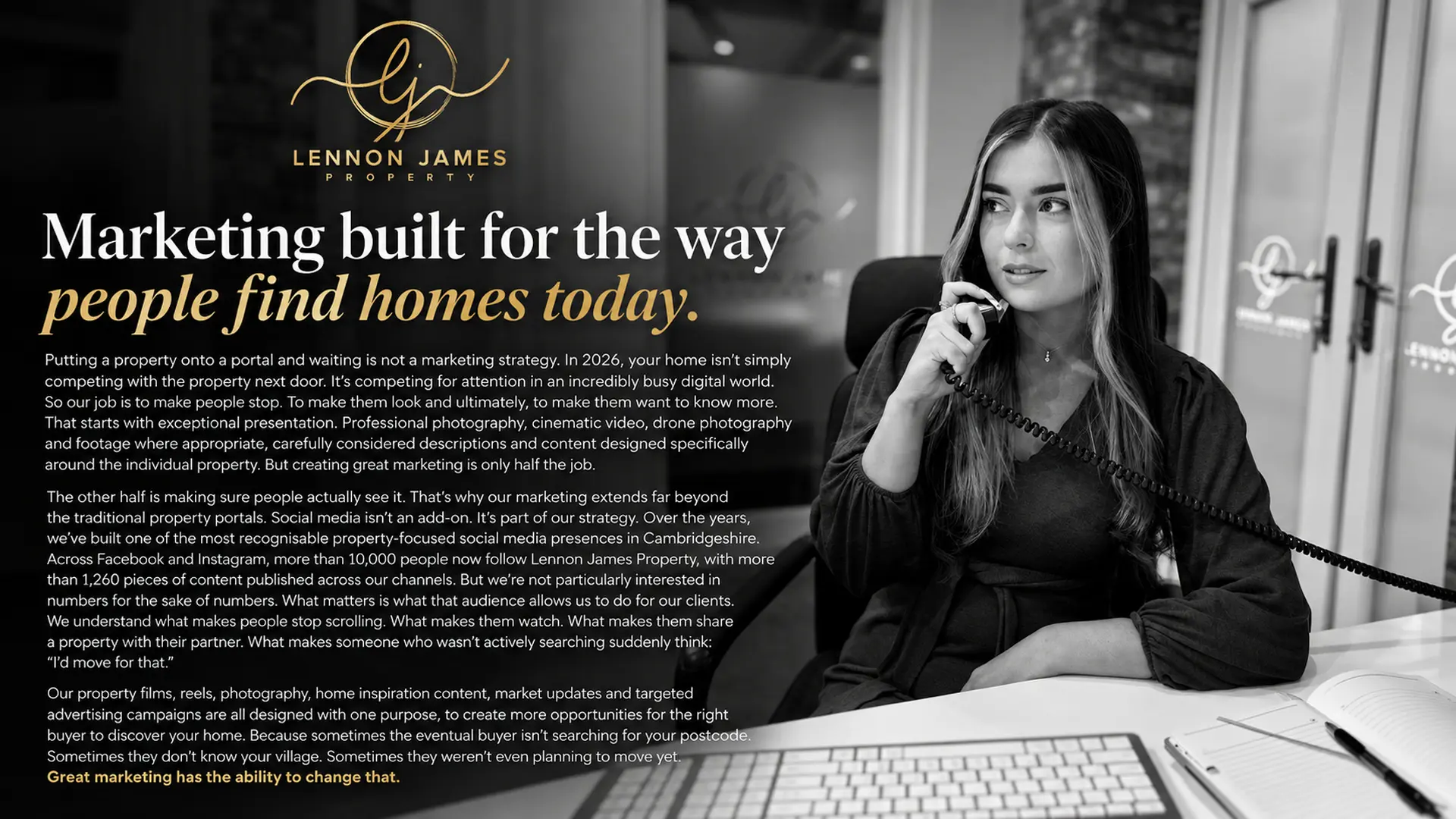 Woman sitting at desk with keyboard, holding telephone handset, with Lennon James Property logo and marketing text visible