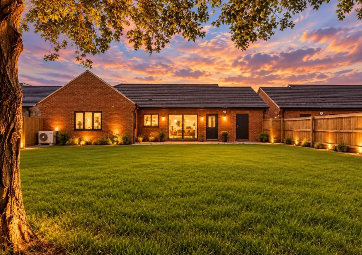 Modern brick house with illuminated windows and garden lighting at dusk, large lawn in foreground, tree on left