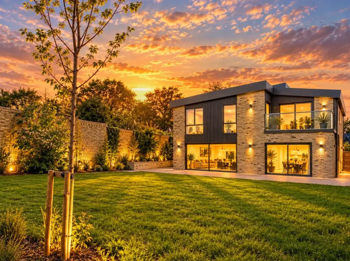 Modern brick and metal house with illuminated windows at sunset, surrounded by lawn and trees