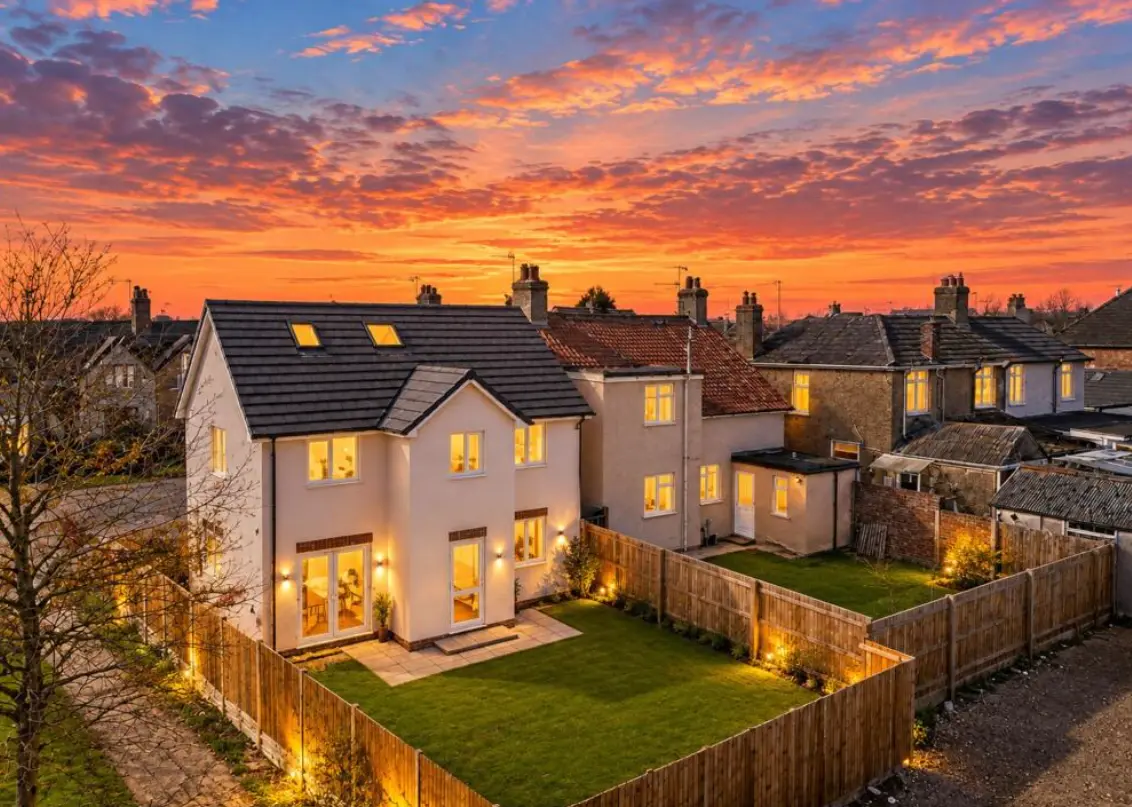 Modern two-storey house with white render, black roof and illuminated windows at dusk, wooden fence and lawn garden, neighbouring properties visible