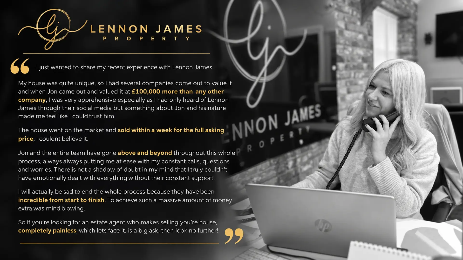 Lennon James Property testimonial: woman with white hair on phone at laptop, with customer review text praising the estate agent's service