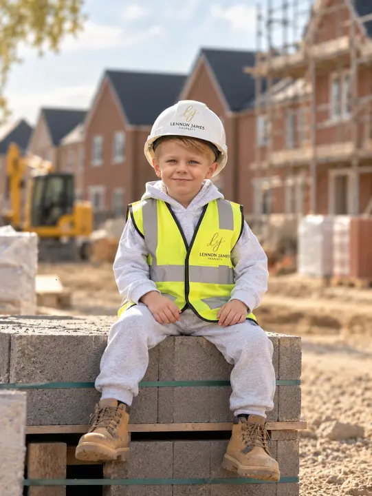Young child wearing white hard hat and high-visibility vest with "Lennon James" branding, sitting on concrete blocks at a construction site with brick houses under development in the background