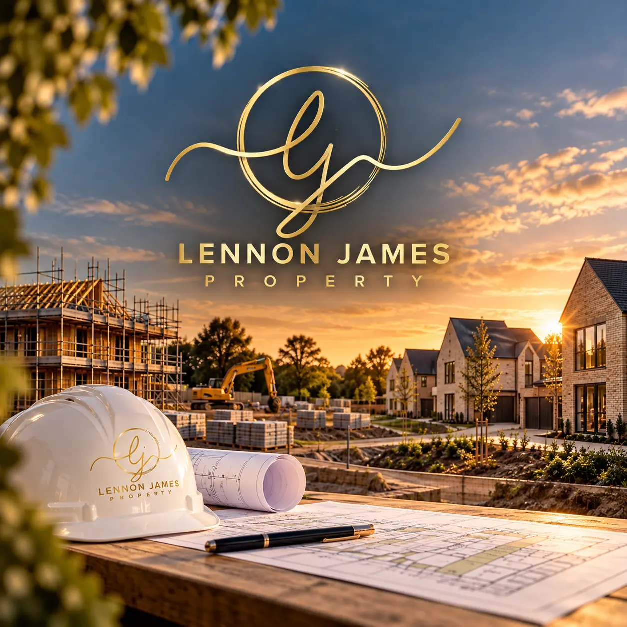 Lennon James Property logo with construction site at sunset, white hard hat, rolled blueprints and pen on table