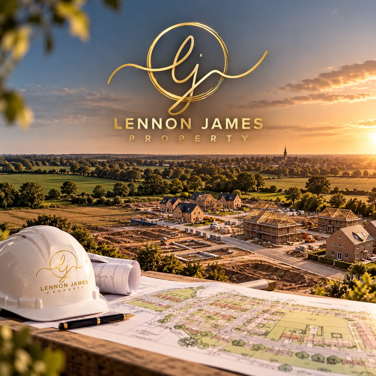 Lennon James Property logo with white hard hat, rolled blueprints, and site plan overlooking a new residential development at sunset