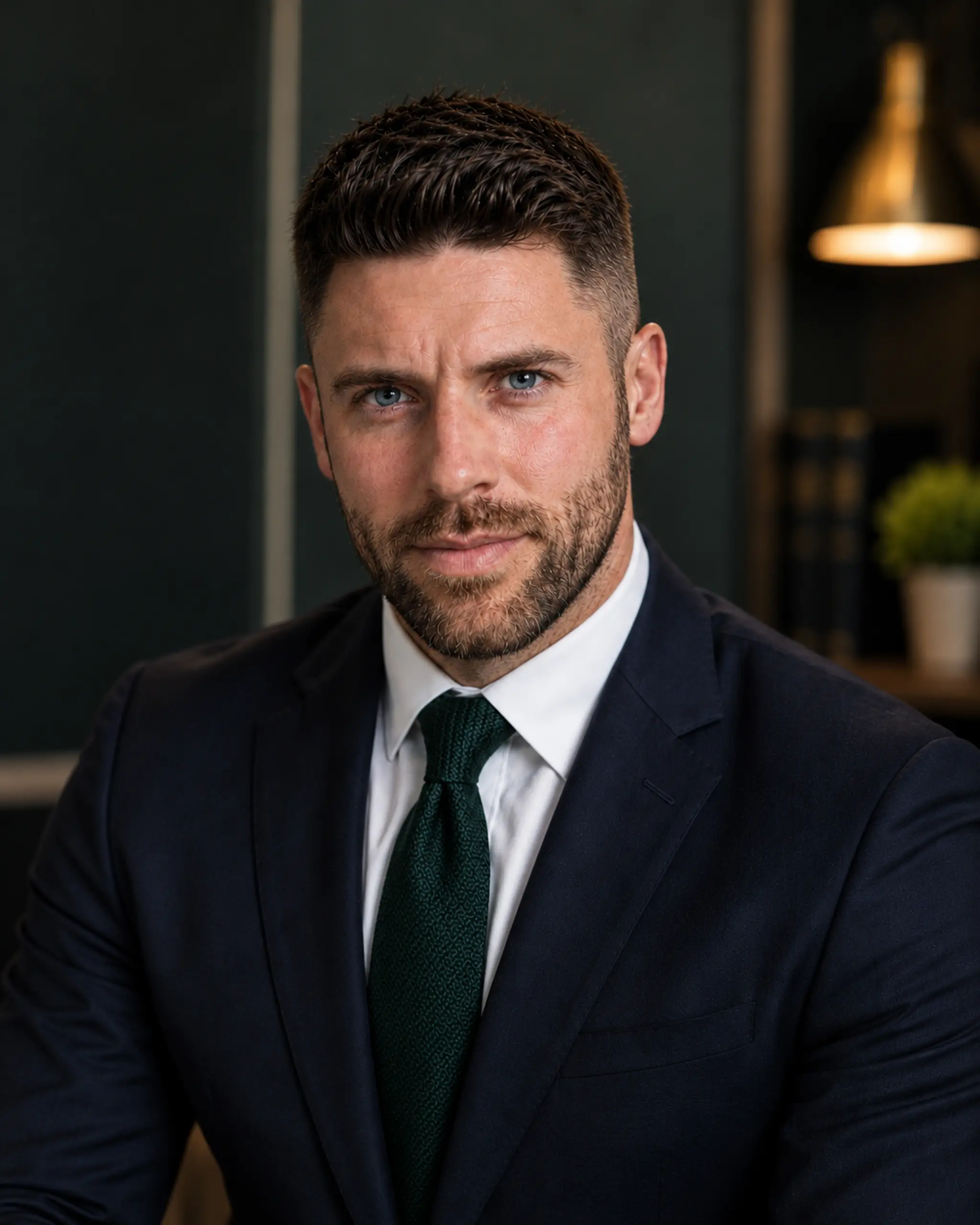 Man in dark suit and green tie, indoors with pendant light and green plant visible in background