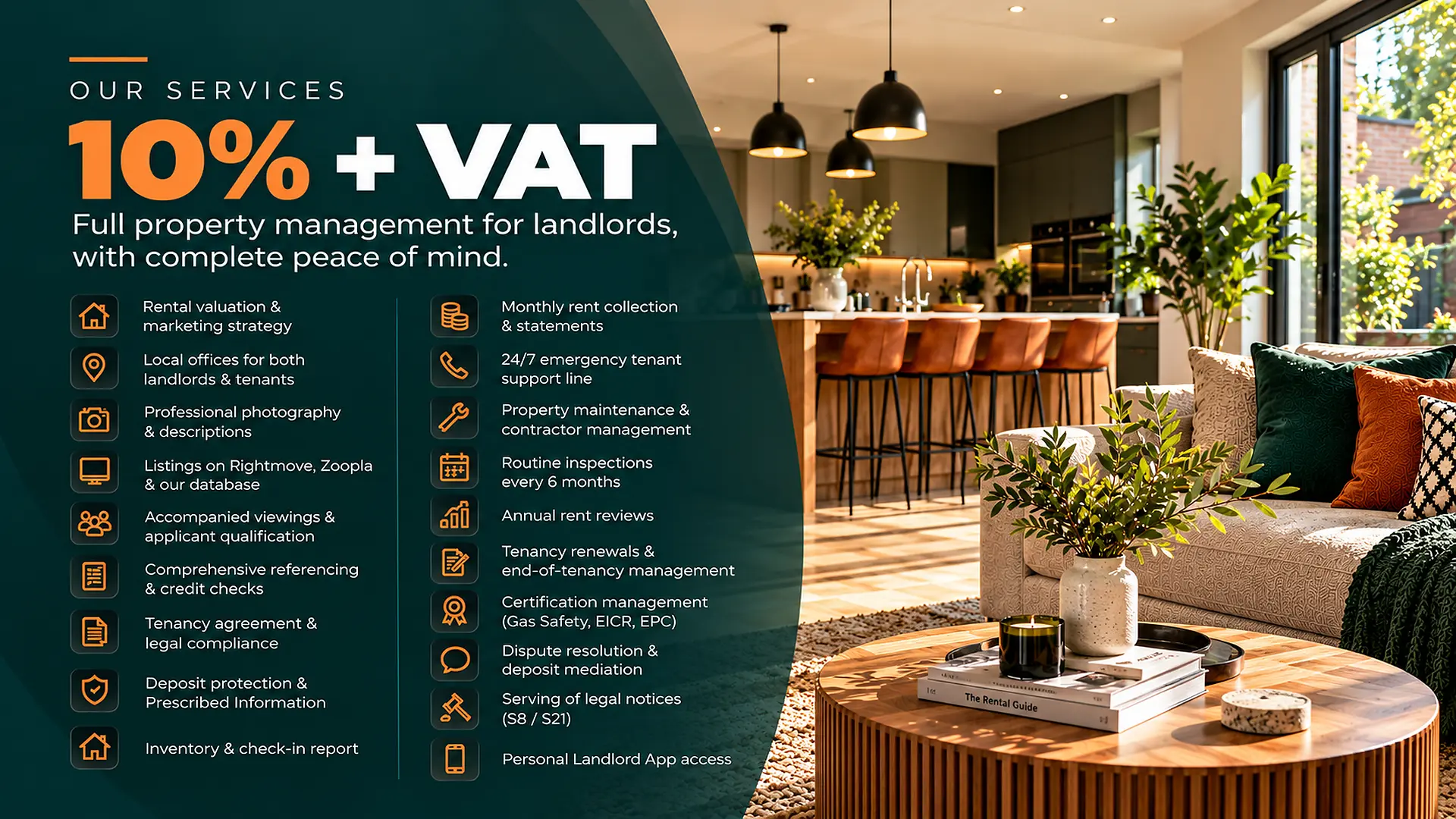 Left side shows "Our Services 10% + VAT" with list of property management features for landlords. Right side shows modern living room with sofa, pendant lights, kitchen, plants and wooden coffee table.