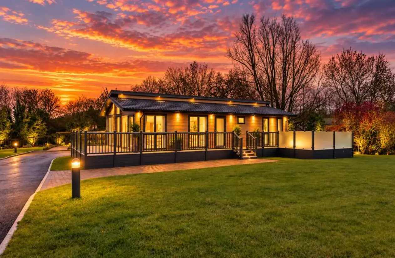 Modern single-storey house with illuminated windows and decking at dusk, surrounded by manicured lawn and trees