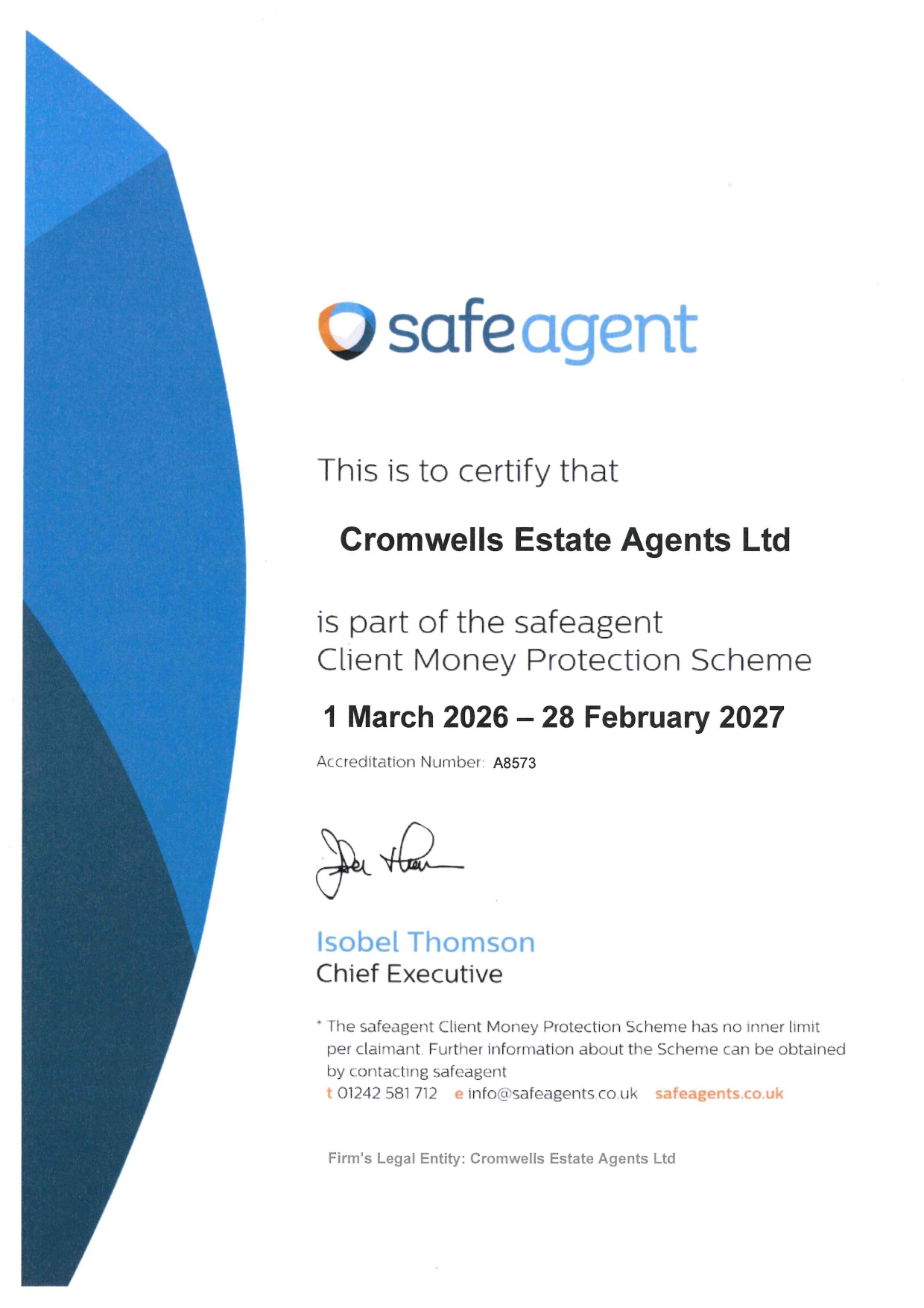 Safeagent Client Money Protection Scheme certificate for Cromwells Estate Agents Ltd, valid 1 March 2026 to 28 February 2027, accreditation number A8573