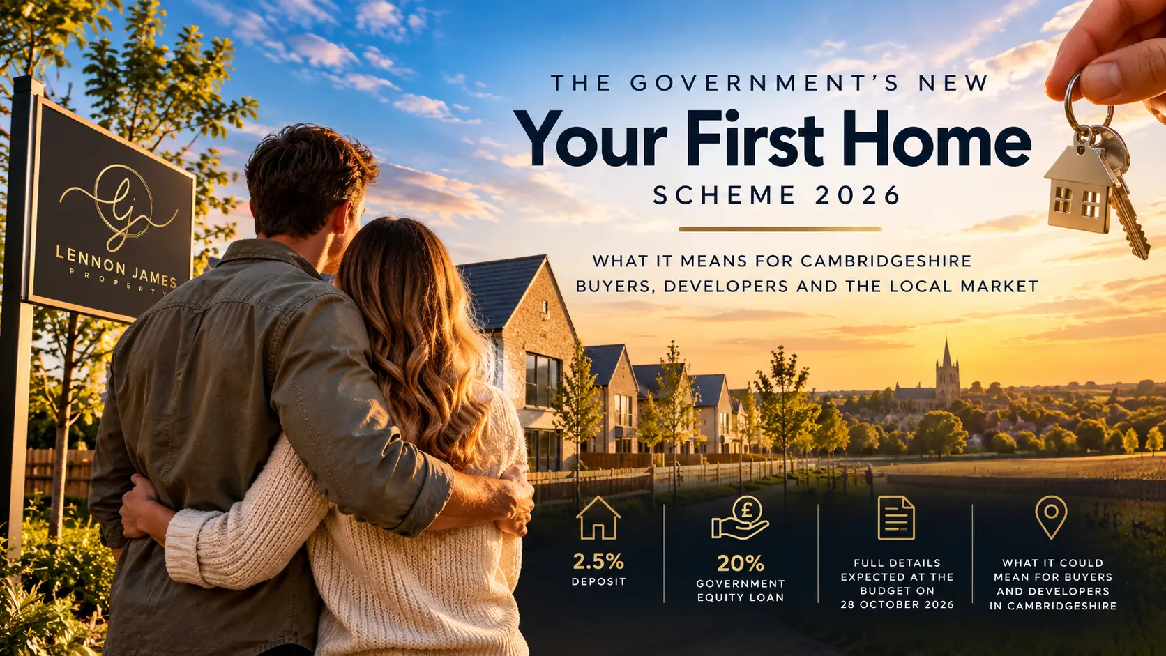 Two people holding a house key, viewing new brick houses and Cambridge skyline at sunset. Text reads: The Government's New Your First Home Scheme 2026. What it means for Cambridgeshire buyers, developers and the local market. Lennon James Properties sign visible.