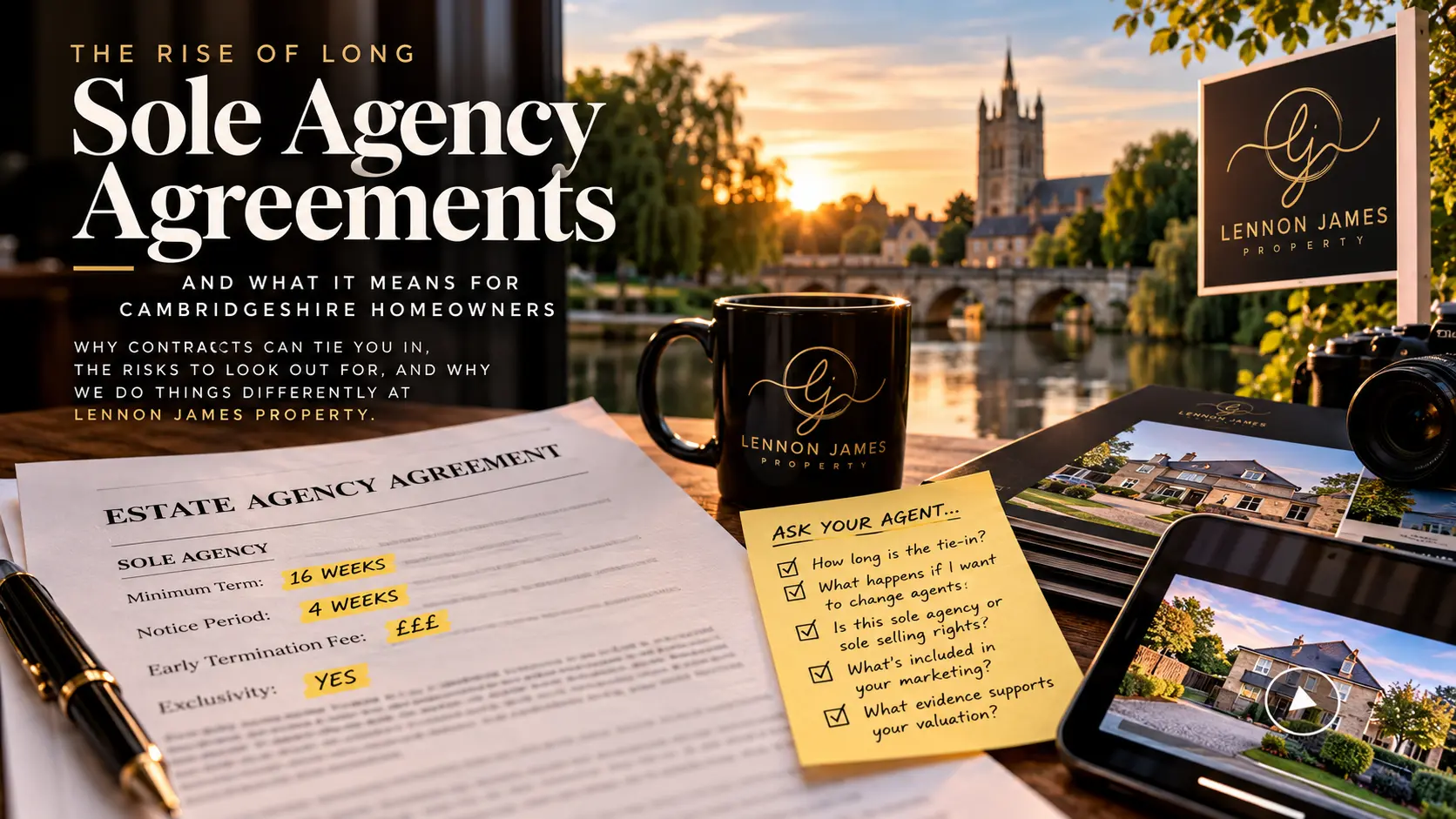 Marketing materials for Lennon James Property displayed on a desk overlooking Cambridge, including an estate agency agreement form, black mug, yellow sticky note with agent questions, property photographs, and signage, with text about sole agency agreements for Cambridgeshire homeowners