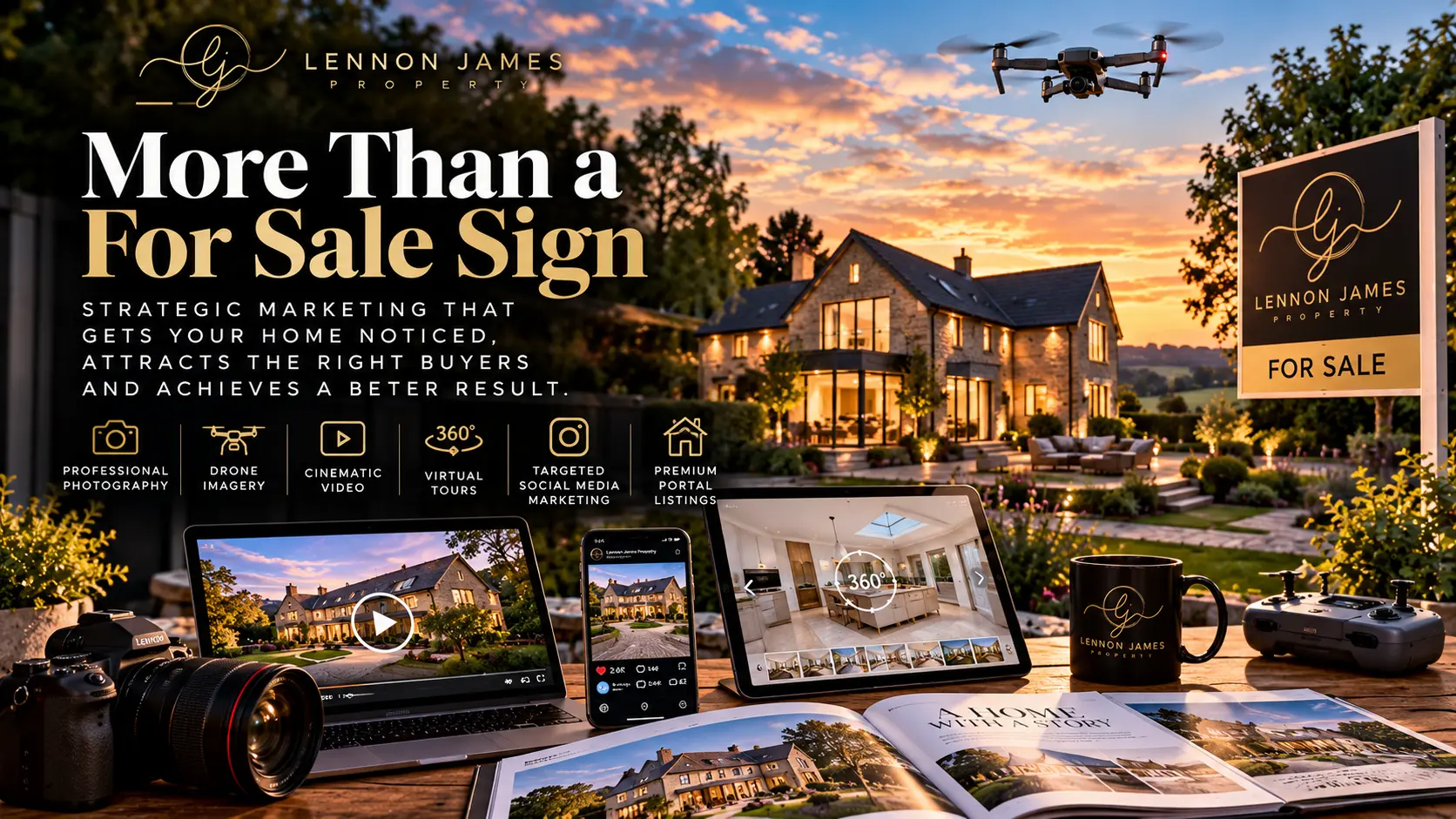 Lennon James Property marketing banner showing a stone house at sunset with a for-sale sign, drone, camera, laptop, phone, and tablet displaying property photos and 360-degree virtual tours