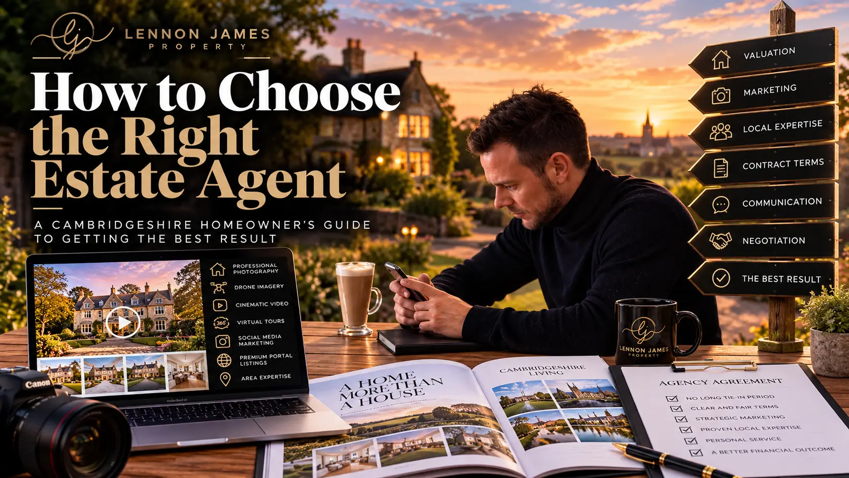 Man at outdoor table reviewing property marketing materials including laptop, magazines, and agency agreement documents, with Cambridgeshire countryside and historic buildings in background. Lennon James Property branding visible with service icons: valuation, marketing, local expertise, contract terms, communication, negotiation, and best result.
