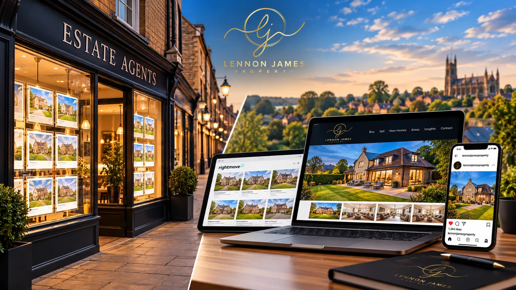 Estate agents storefront with property listings in windows, laptop showing Rightmove listings, tablet displaying Lennon James Property website, and smartphone showing Instagram post of a brick house with garden, set against a cathedral backdrop