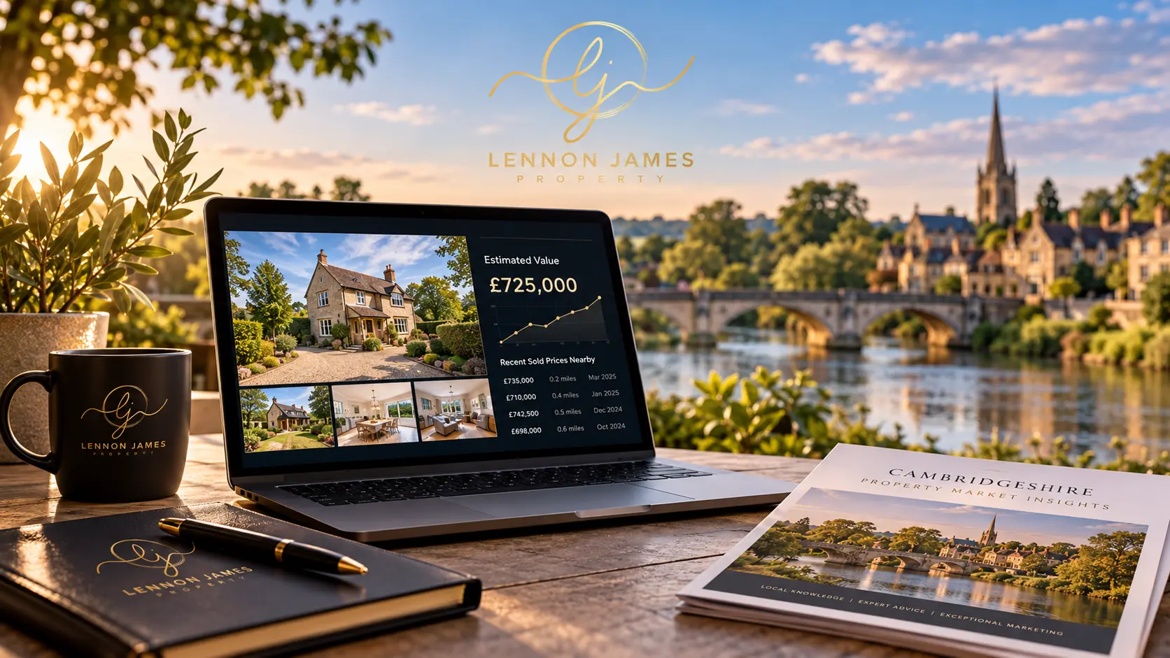 Laptop displaying property listing with estimated value of £725,000 and recent sold prices nearby, surrounded by Lennon James Property branded mug, notebook, pen, and Cambridgeshire property market insights brochure, with river and historic buildings in background