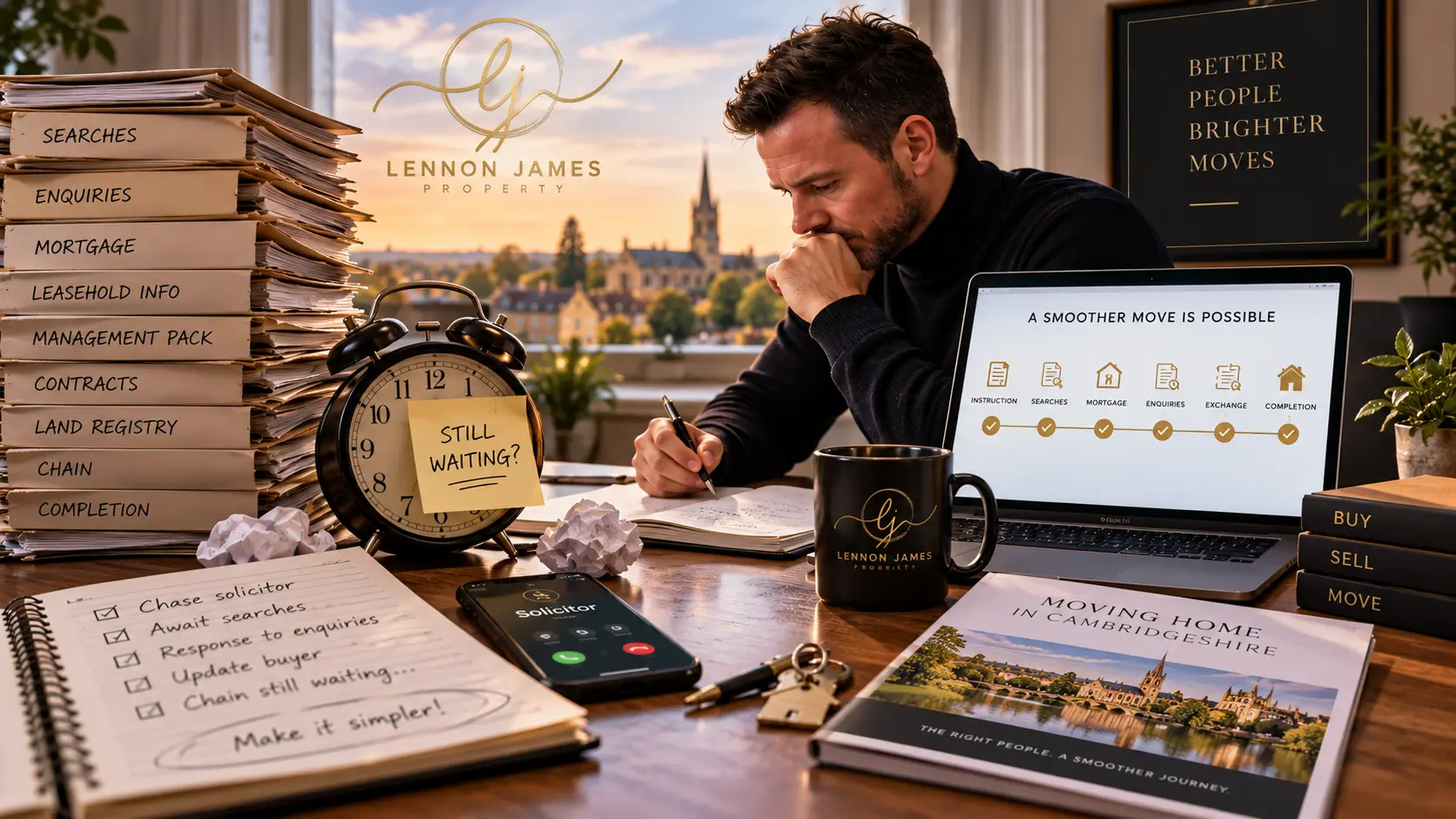 Man at desk with Lennon James Property branding, surrounded by stacked documents labeled with property transaction stages, laptop displaying a moving process checklist, alarm clock marked
