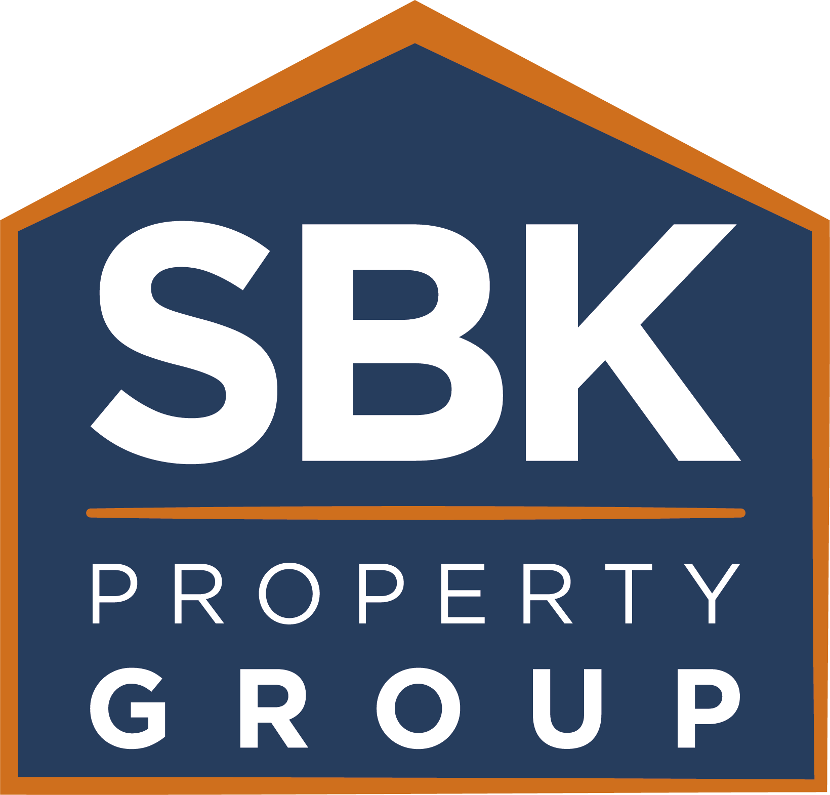 SBK Property Group logo featuring a house shape with orange roof and dark blue interior