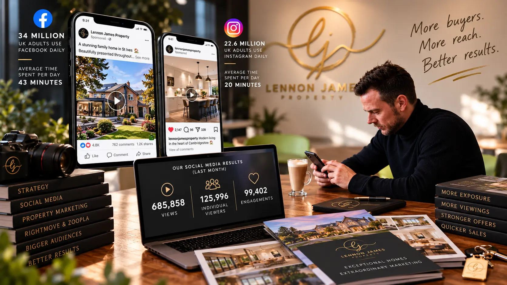 Man at desk holding phone, with two smartphones displaying property listings, laptop showing social media metrics (685,858 views, 125,996 individual viewers, 99,402 engagements), stacked books on property marketing, and printed property brochures. Text overlay shows Facebook and Instagram user statistics and tagline 'More buyers. More reach. Better results.' for Lennon James Property.