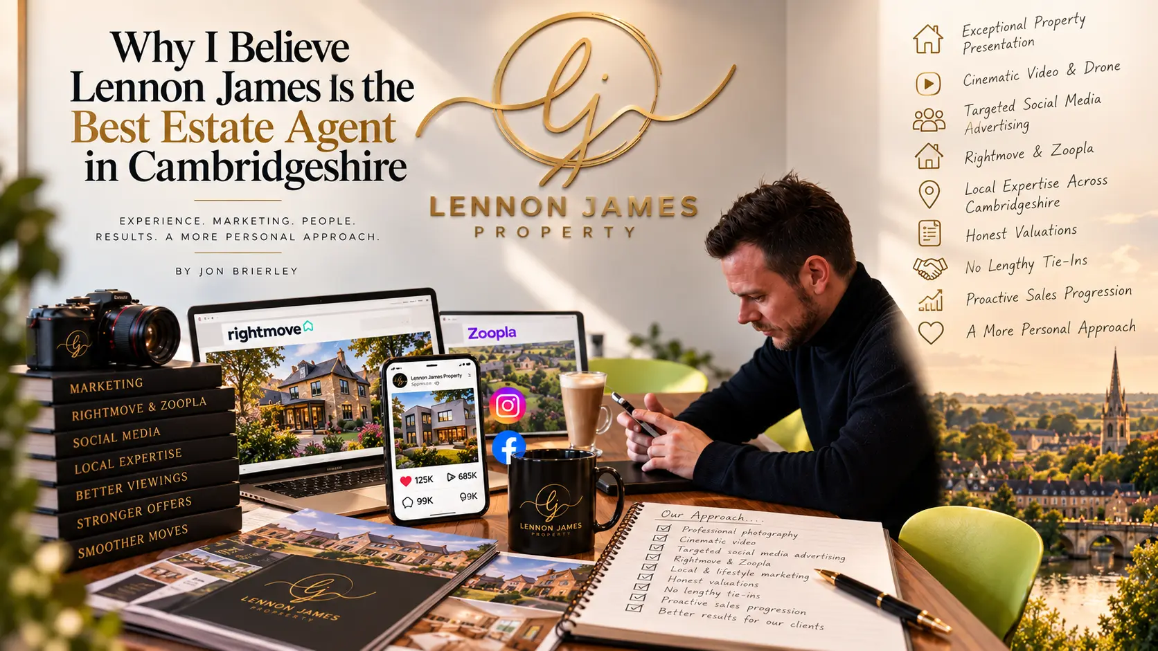 Man in black shirt at desk with laptop, tablet and phone displaying property listings and social media icons. Desk displays Lennon James Property branding, marketing materials, and a mug. Wall behind shows text 'Why I Believe Lennon James Is the Best Estate Agent in Cambridgeshire' and service offerings. Cambridgeshire landscape visible in background.