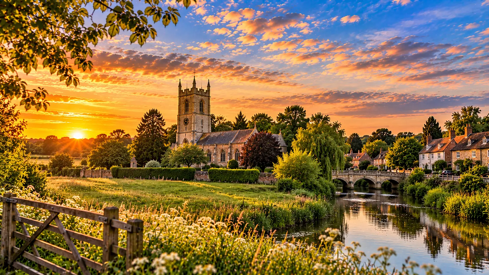Stone church with tower beside a river at sunset, surrounded by trees and countryside cottages, with wooden gate in foreground