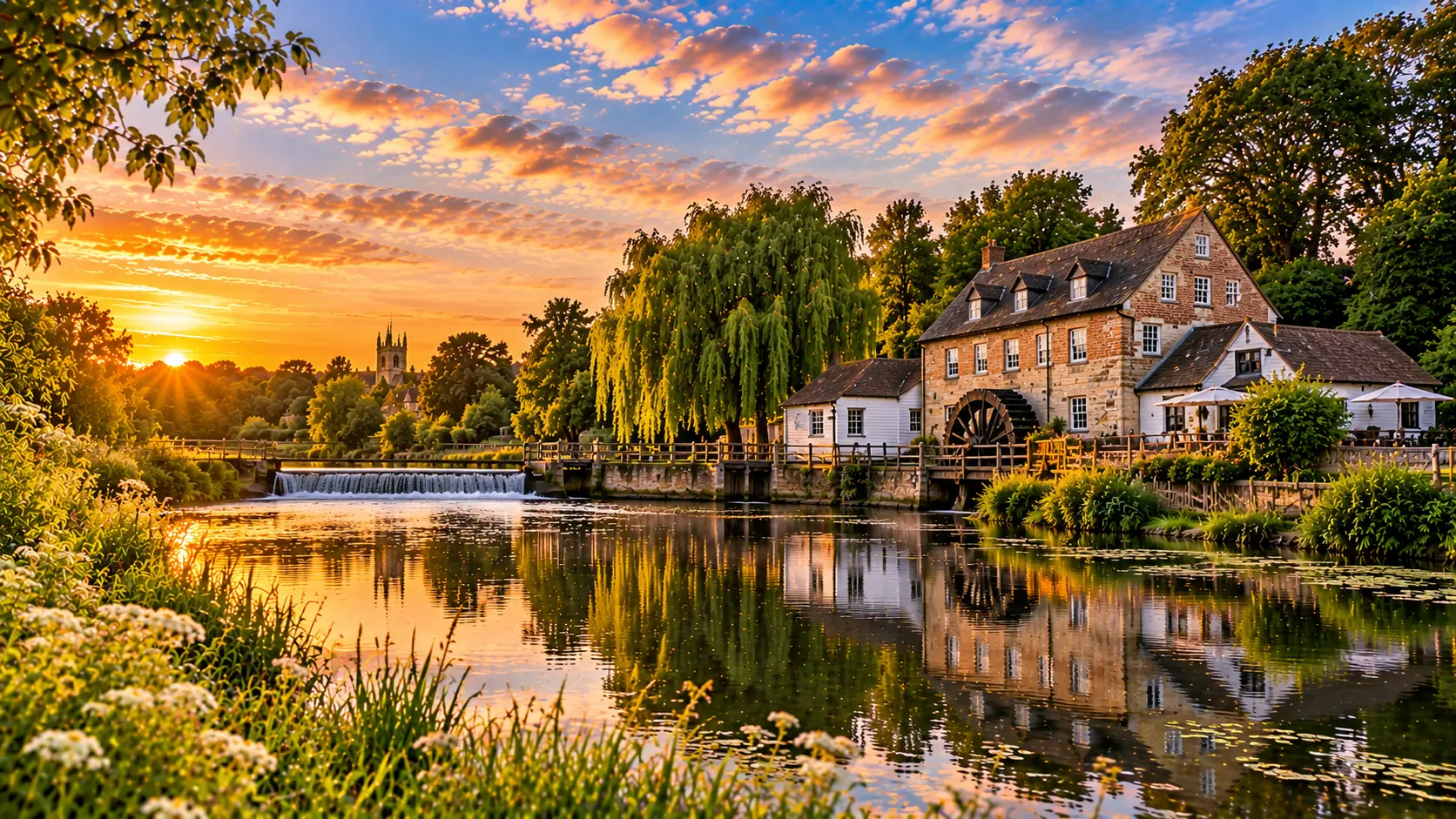 Stone watermill beside a river at sunset, with weeping willow trees, a church spire visible in the distance, and golden sky reflected in the water