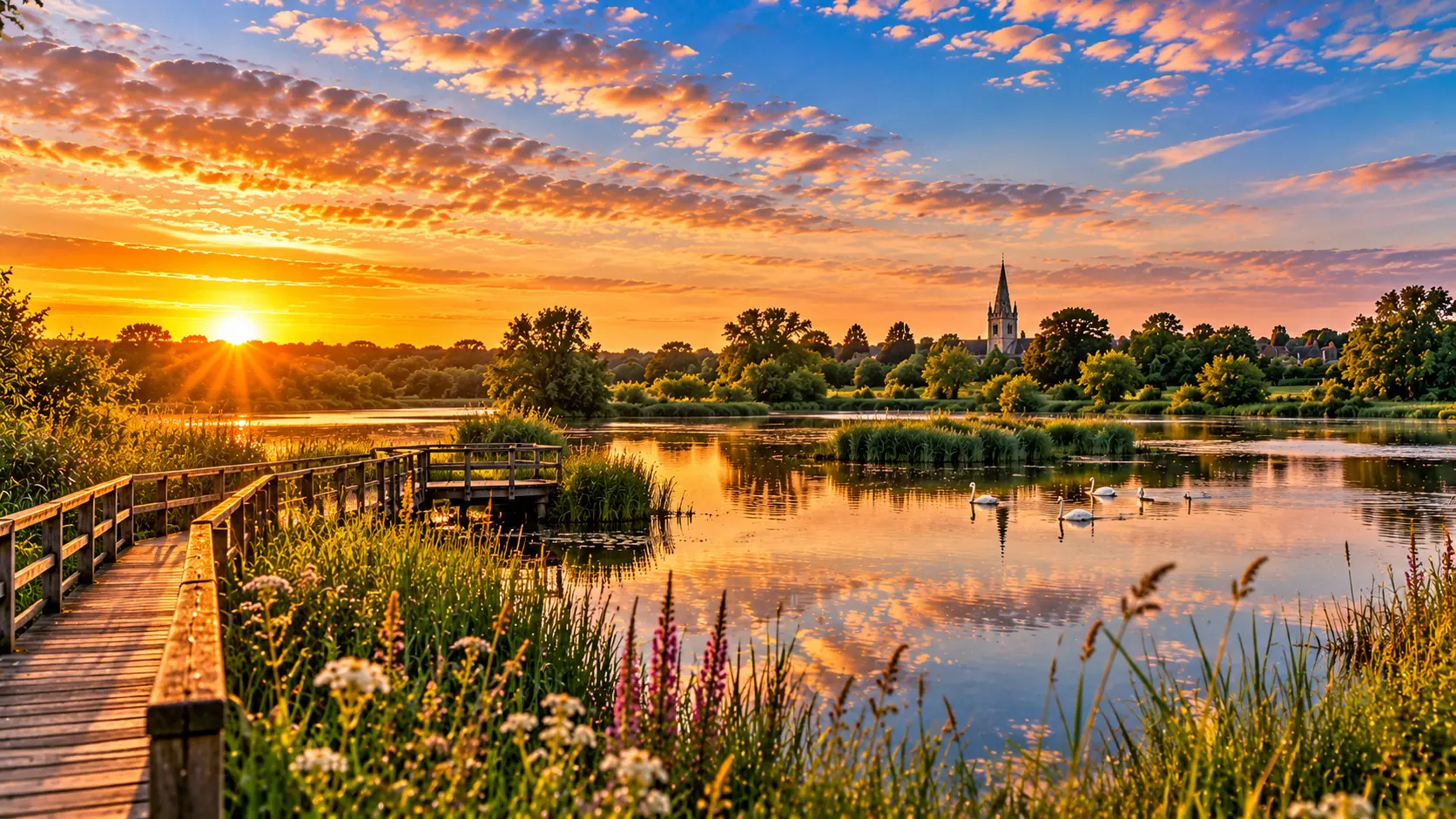 Wooden boardwalk beside a river at sunset, with wildflowers in foreground, church spire visible across the water, swans and trees reflected in still water