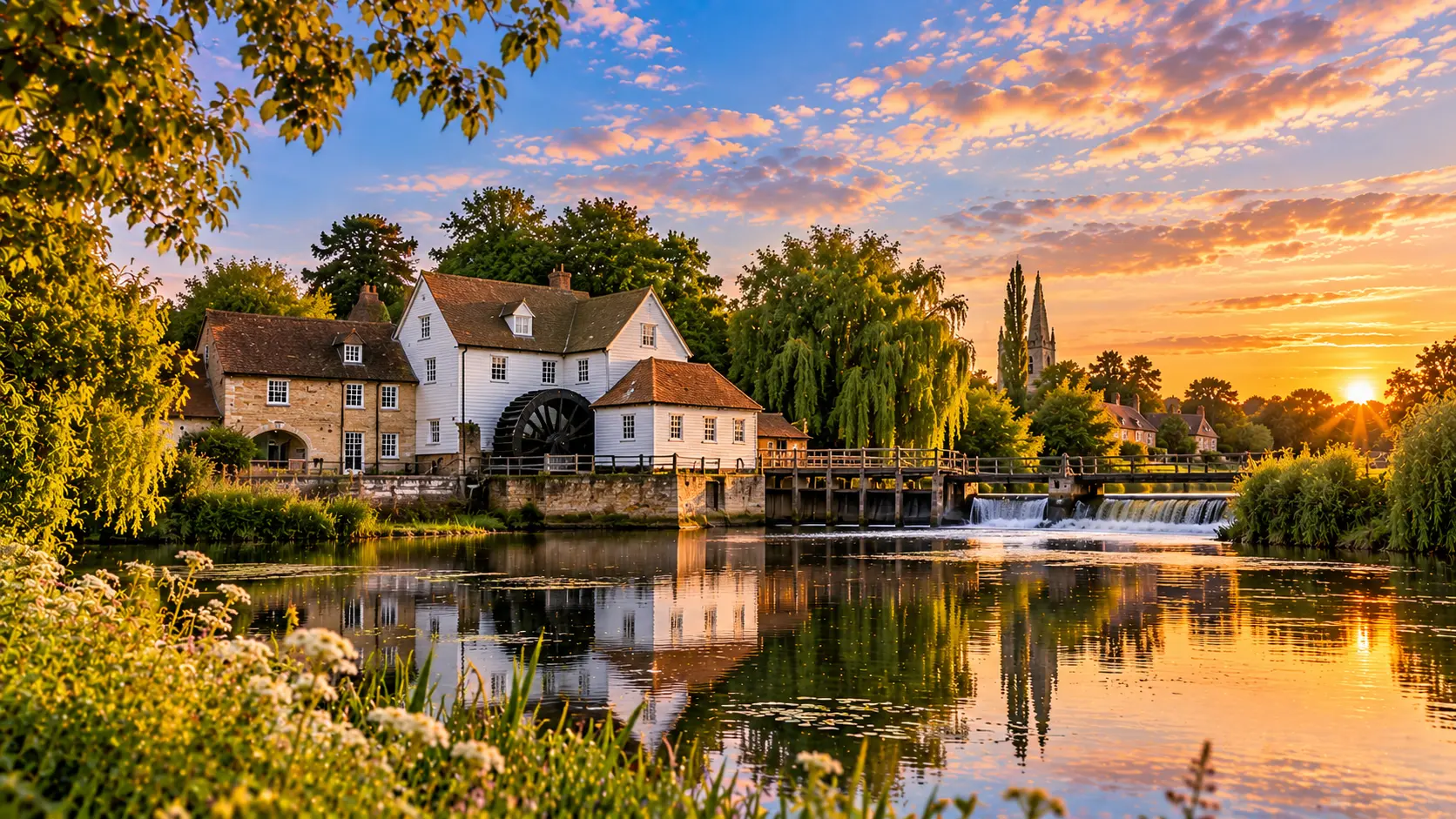 Watermill with white and stone buildings beside a river at sunset, with weir, bridge, and church spire visible in the distance