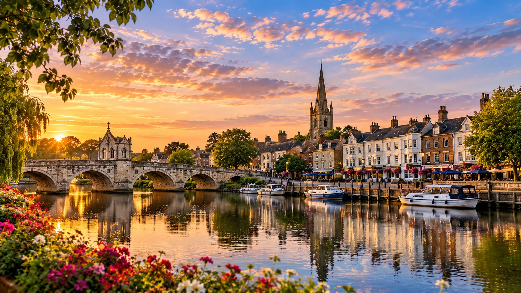 Stone bridge with multiple arches spanning a river at sunset, with a church spire, Georgian buildings, and moored boats reflected in the water