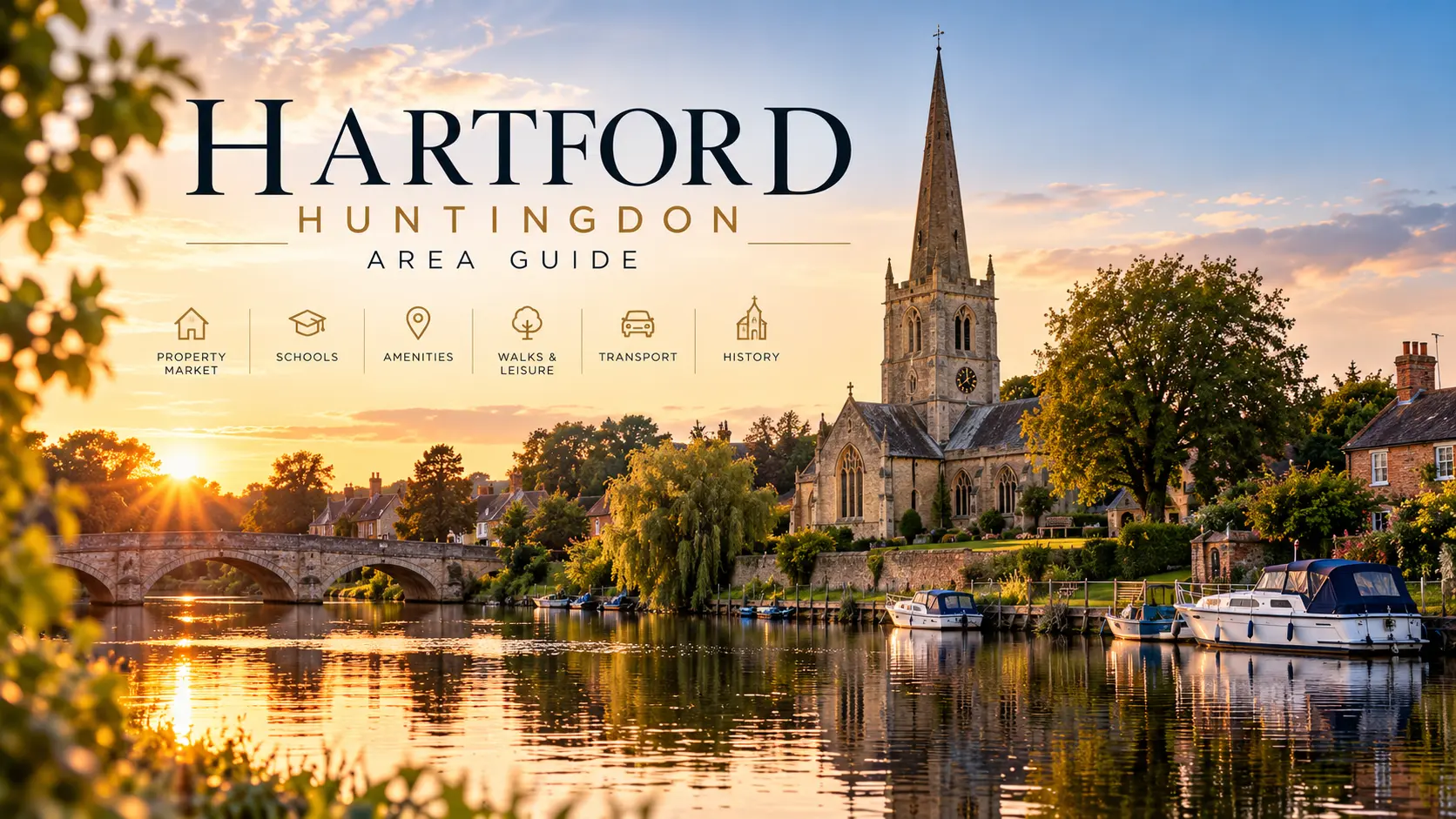 Hartford Huntingdon area guide with church spire, river, stone bridge, boats, and sunset. Navigation icons for property market, schools, amenities, walks and leisure, transport, and history.