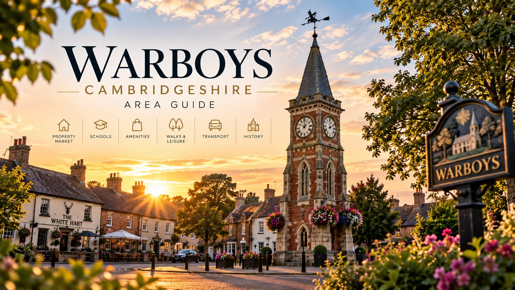 Warboys Cambridgeshire area guide showing a village square at sunset with a clock tower, The White Hart pub, stone cottages, and a Warboys sign among flowering plants