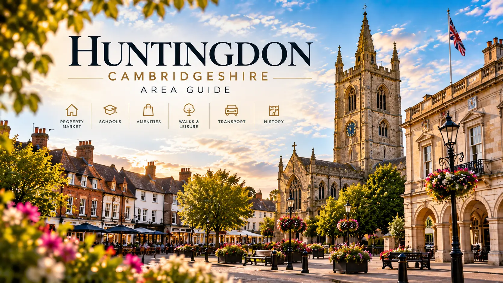 Huntingdon, Cambridgeshire area guide showing market square with church, historic buildings, and flowers. Navigation icons for property market, schools, amenities, walks and leisure, transport, and history.
