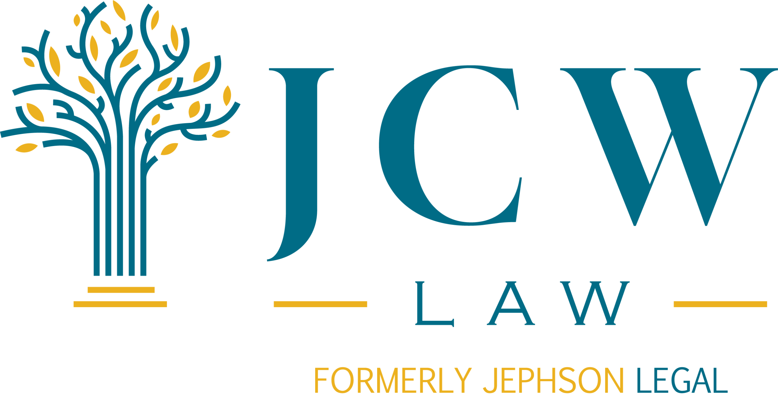 JCW Law logo with stylised tree in teal and gold, text reads 'JCW LAW' and 'FORMERLY JEPHSON LEGAL'