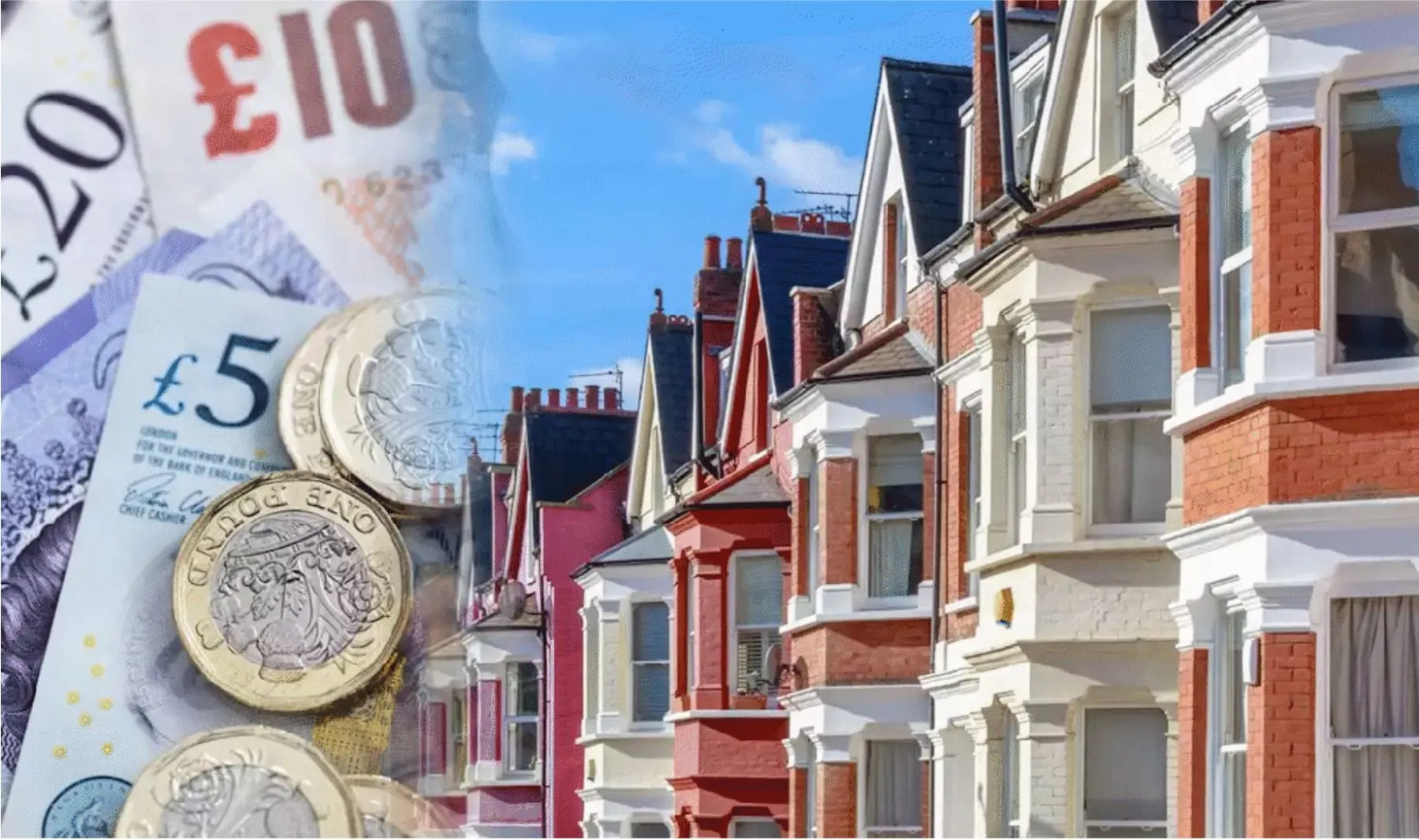 British banknotes and coins overlaid on a row of Victorian red-brick terraced houses with white trim and chimneys