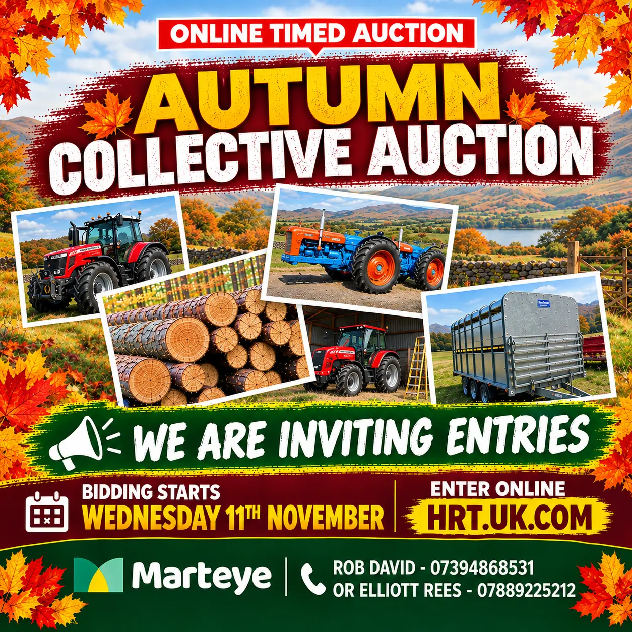 Autumn Collective Auction poster with red and blue tractors, stacked logs, livestock trailer, and rural landscape. Text reads: Online Timed Auction, bidding starts Wednesday 11th November, enter online at hrt.uk.com. Contact Marteye, Rob David 07394868531 or Elliott Rees 07889225212.