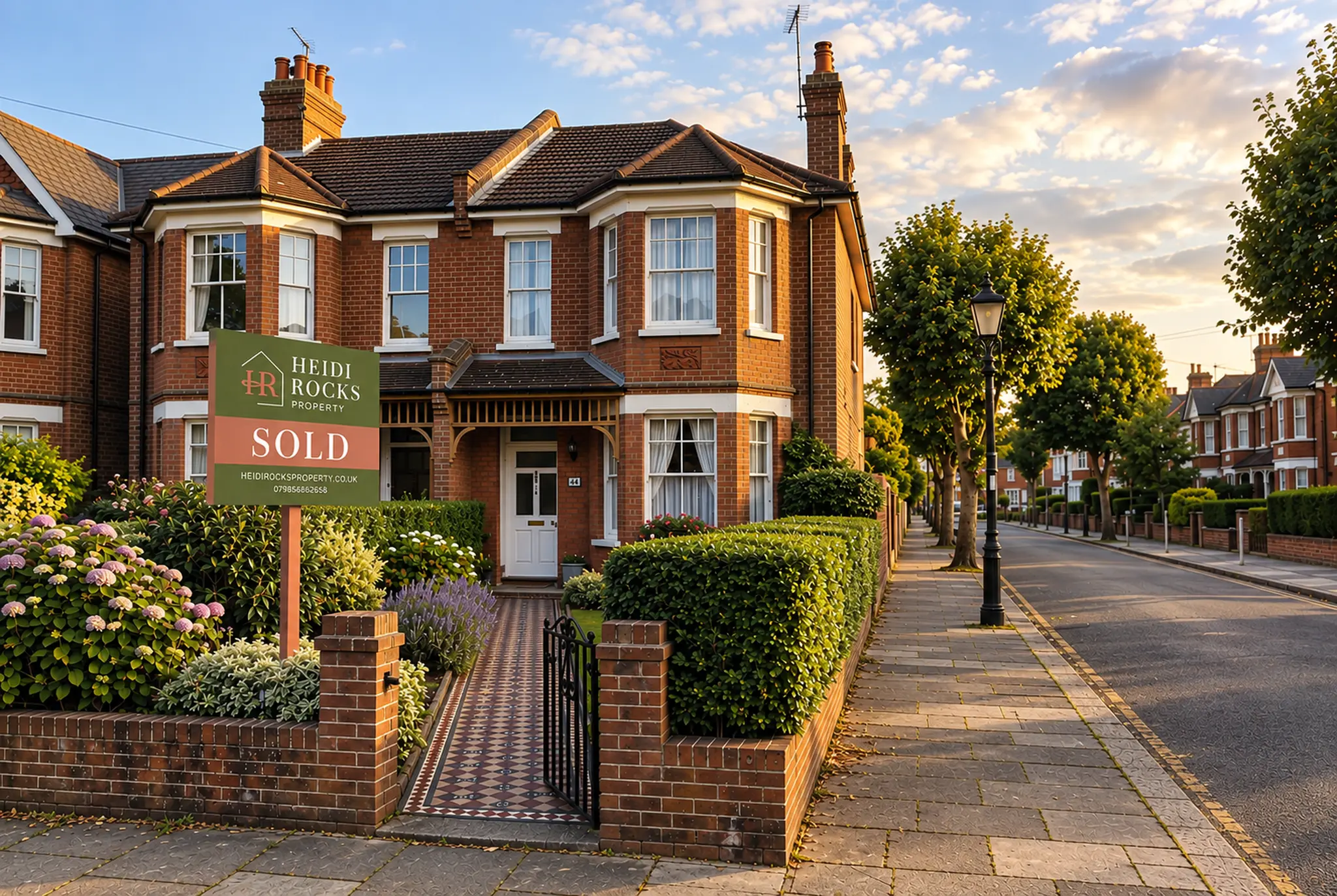 Red brick Victorian semi-detached house with 'Heidi Rocks Property SOLD' estate agent sign, front garden with hedges and flowering plants, tree-lined residential street