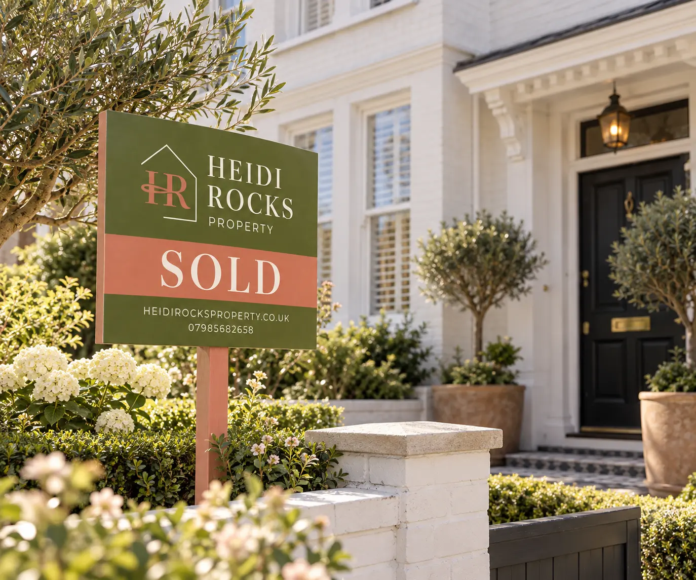 Heidi Rocks Property sold sign in front garden of white townhouse with black door and potted plants