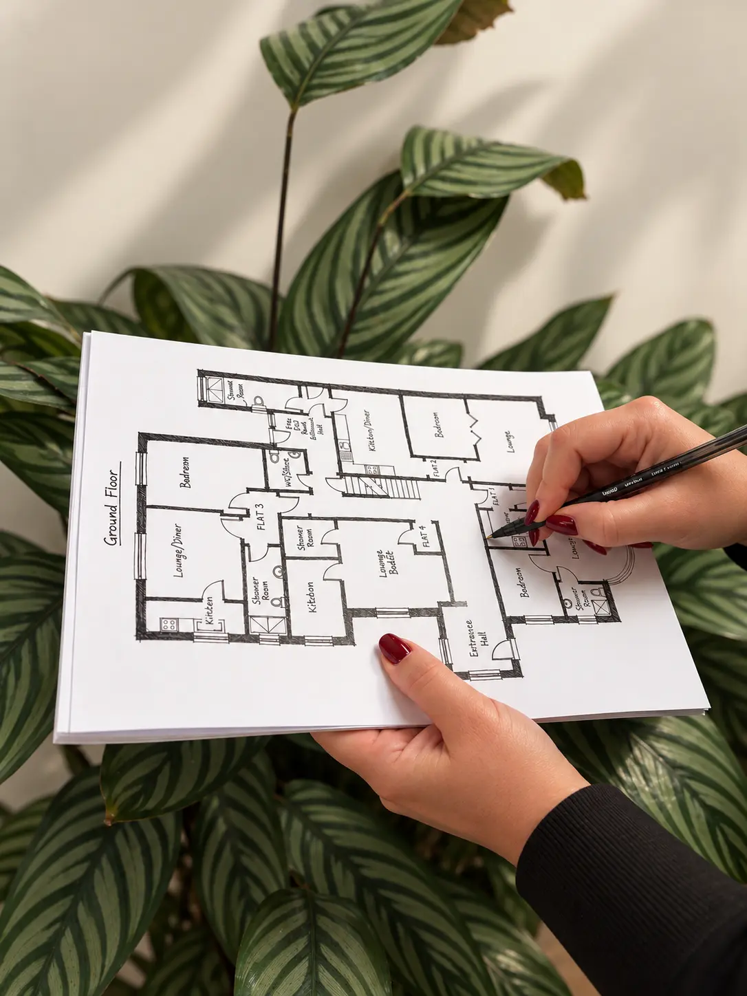 Hands holding a property floor plan with labeled rooms including Ground Floor, Lounge, Kitchen, Bedrooms, and Bathrooms, with a pen pointing to the layout, set against green striped plant leaves