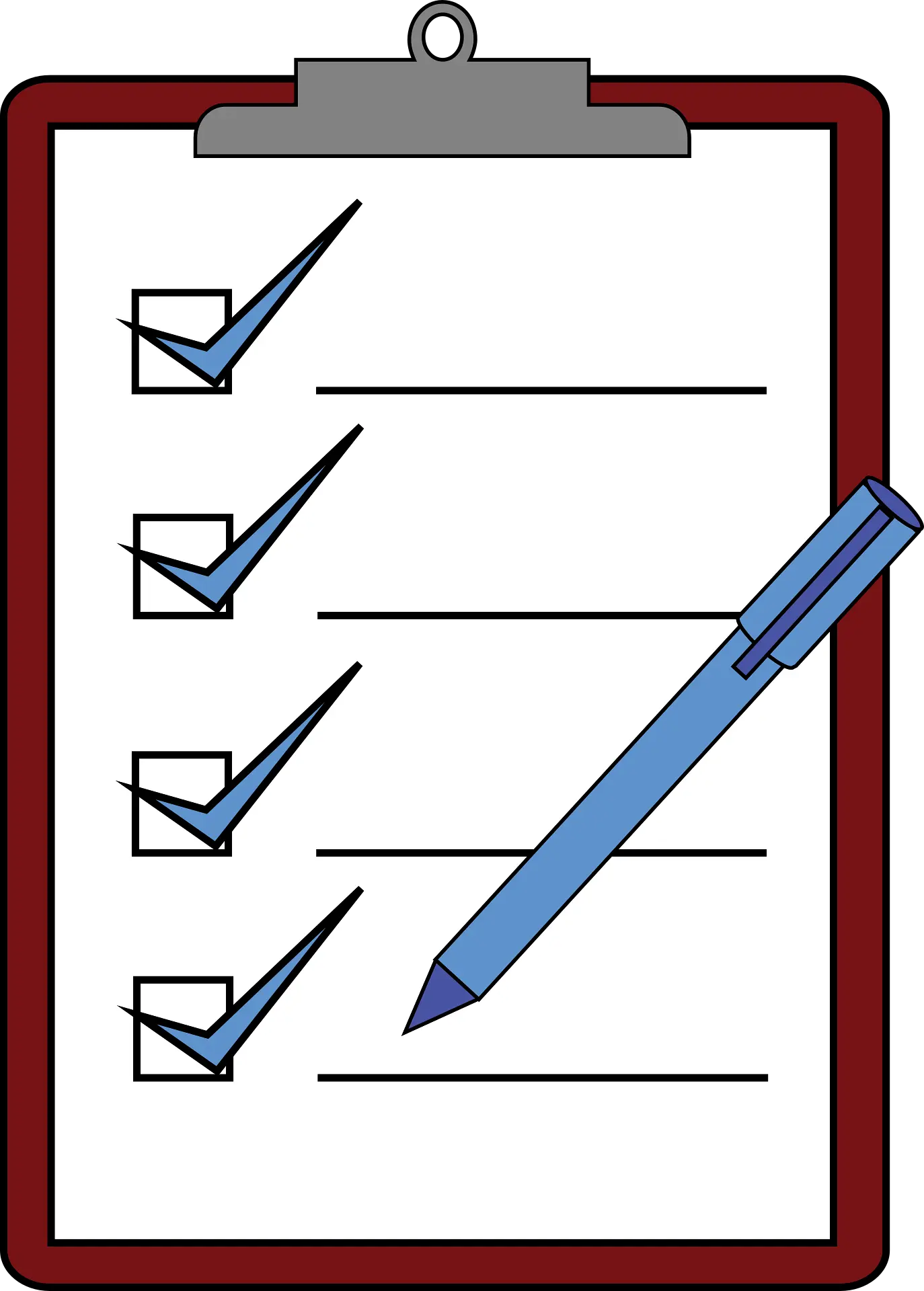 Clipboard with four checked boxes and a blue pen