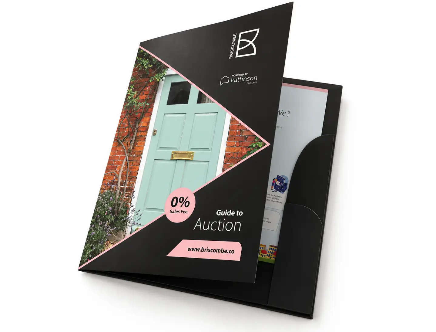 Briscombe Guide to Auction brochure with mint green front door and 0% Sales Fee offer, powered by Pattinson Agency, www.briscombe.co
